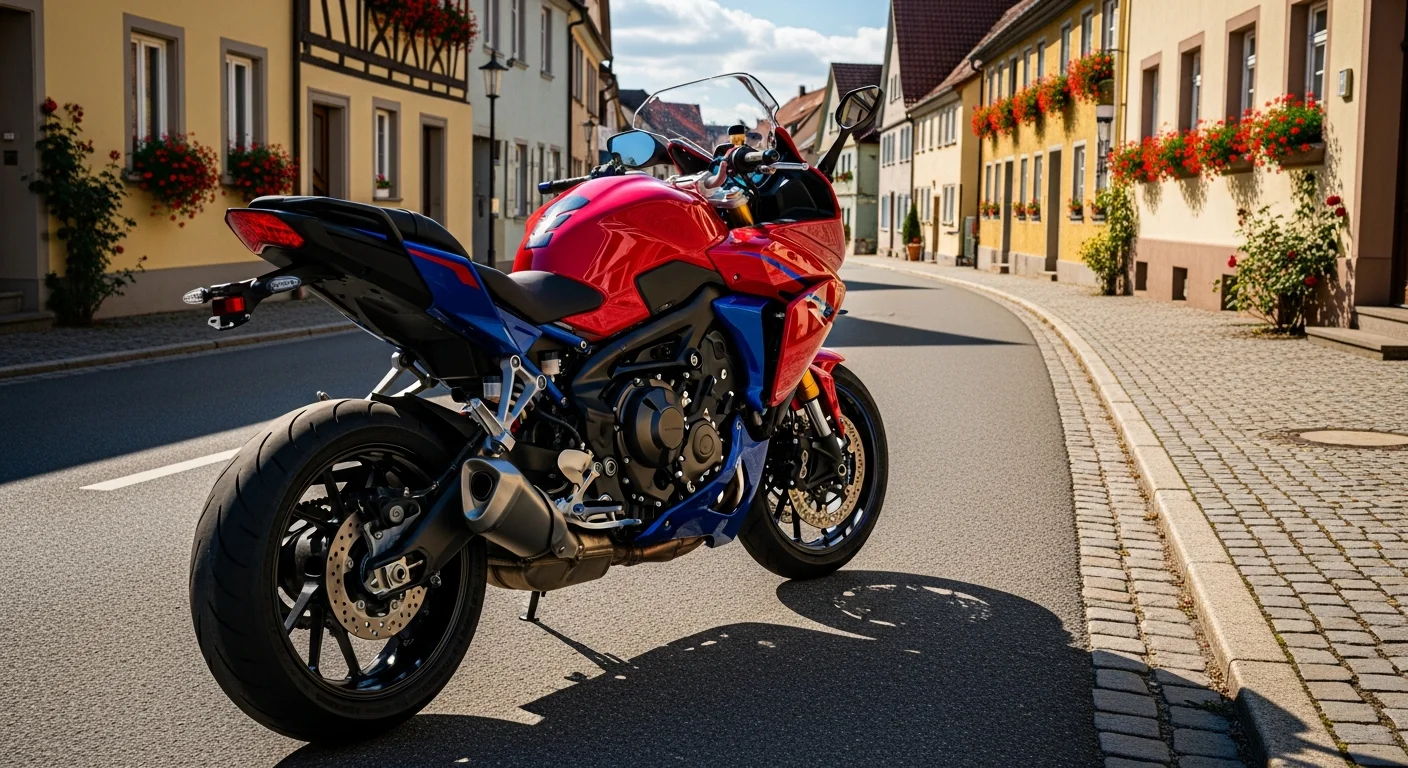 Modernes Motorrad an einer sonnigen Straße in einer Kleinstadt